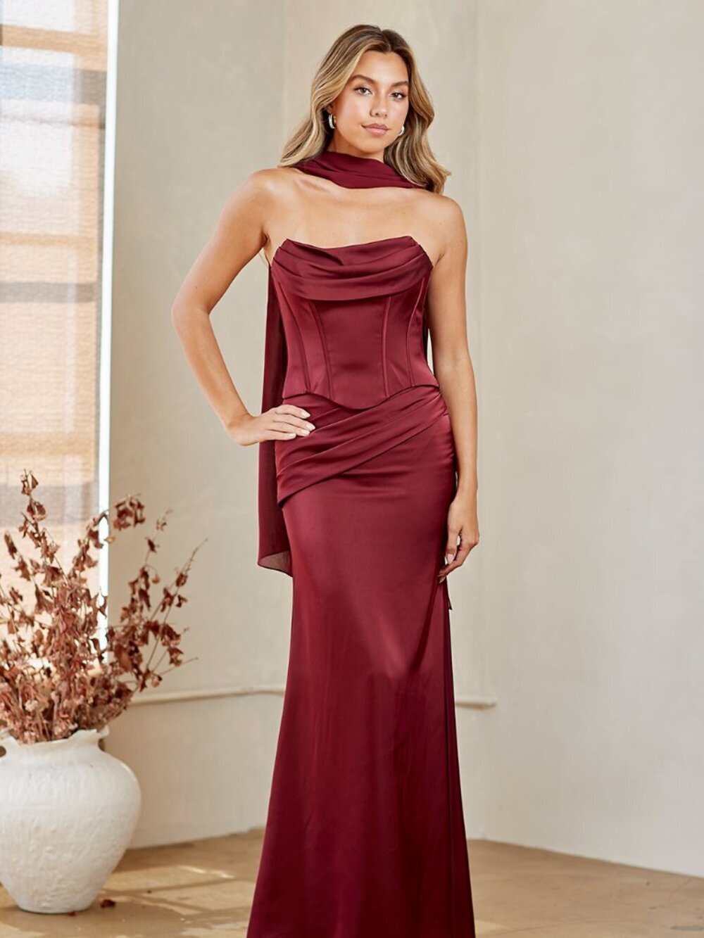 New Wine Sleeveless Sheath Formal Evening Dress Set w/ Pleated Details AC 6138